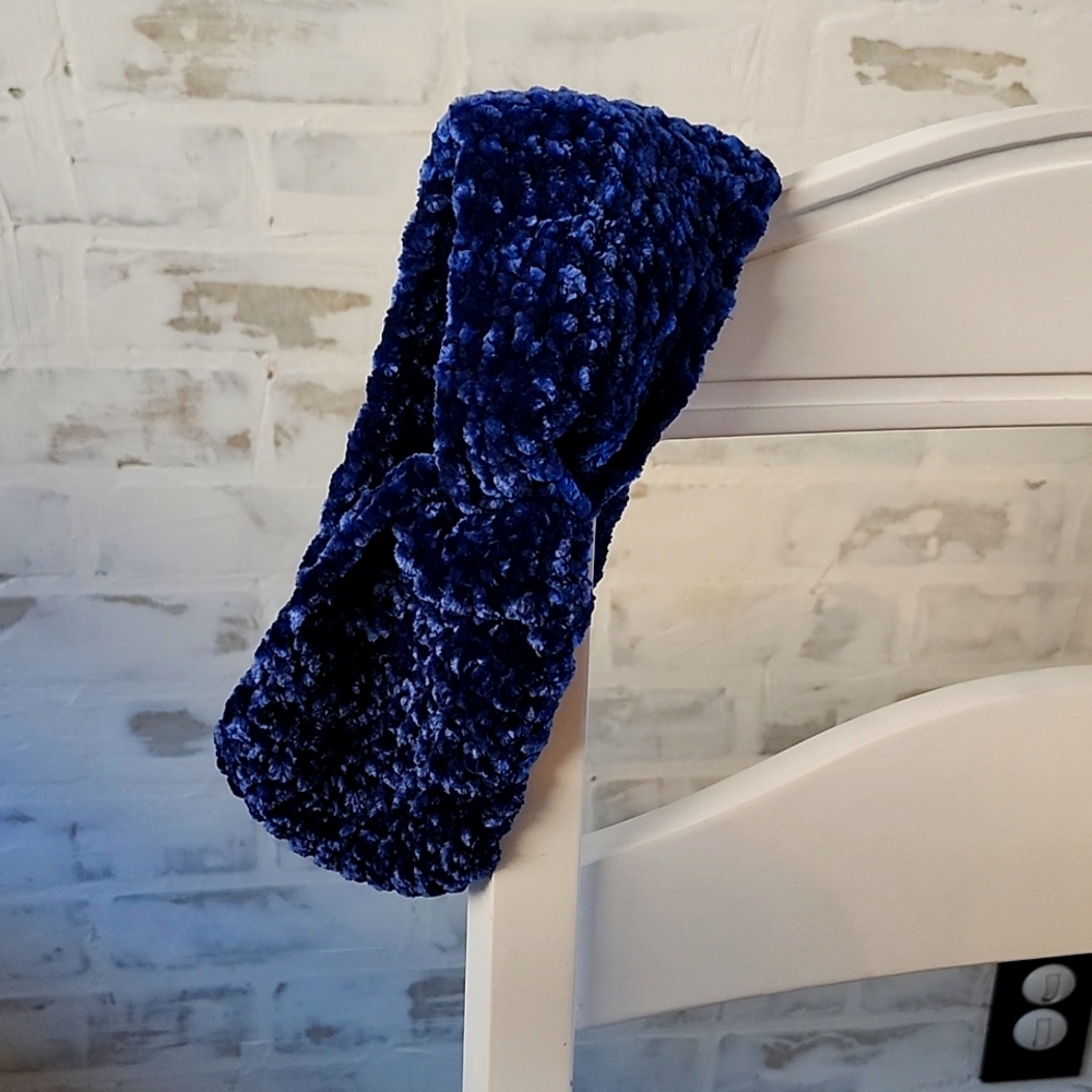 Handmade Crochet Earwarmer Headband- Navy Blue Velvet Yarn